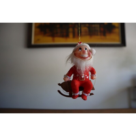 Vtg Christmas Chubby Cheeks Flocked Santa Claus Figure Ornament Plastic Sled 4" - Picture 9 of 11
